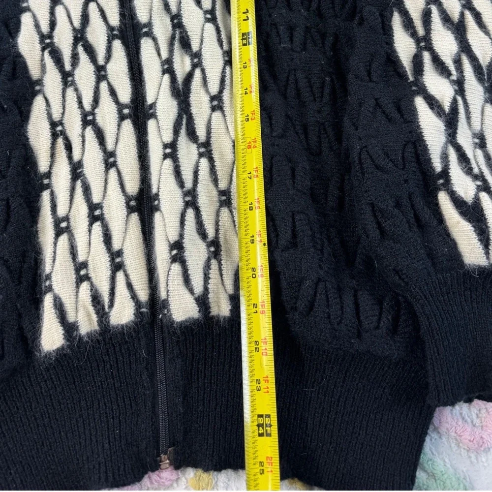 Vintage Rochelle California Black White Geometric Angora Wool Zip Cardigan Large